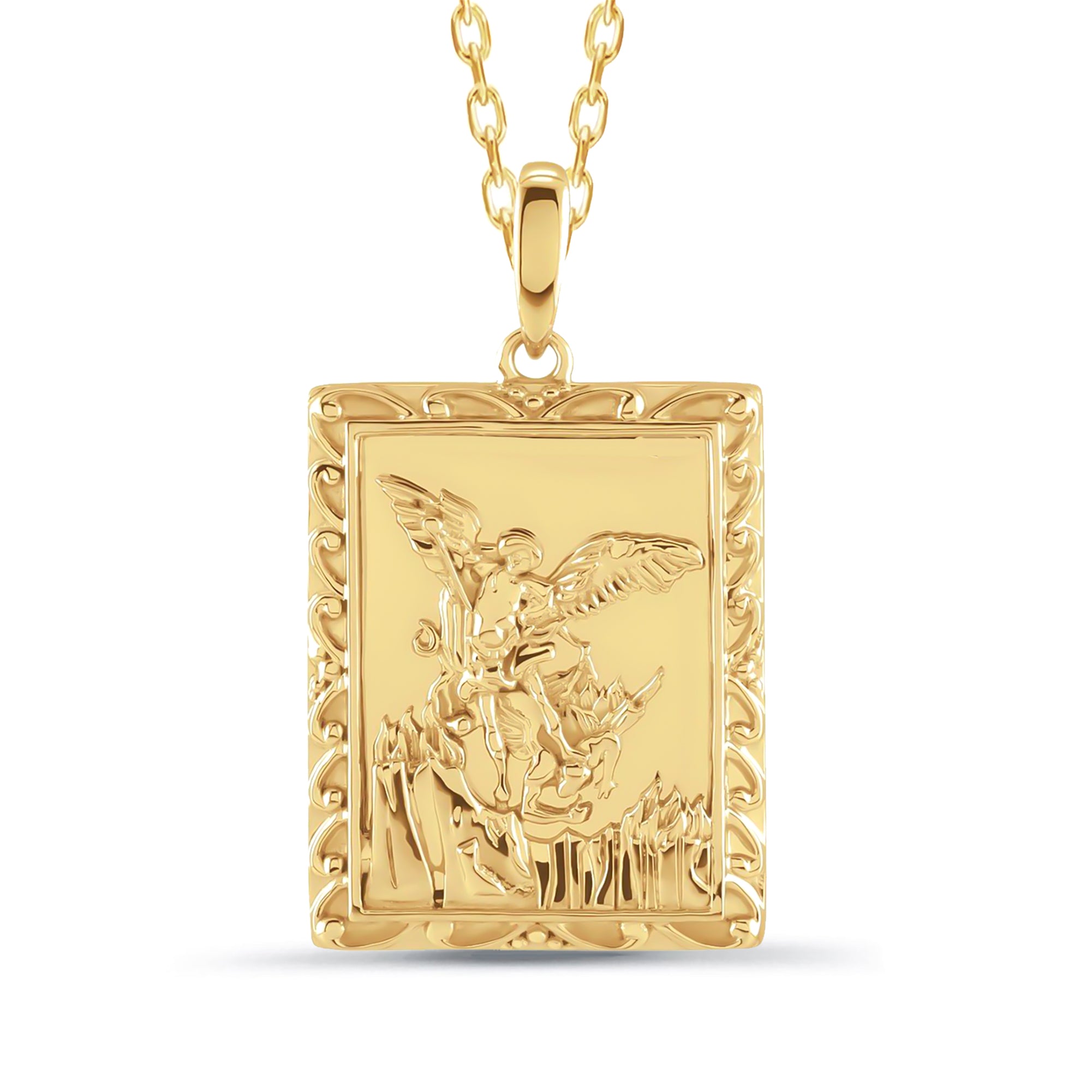 14K Solid Gold Rectangular St Michael Necklace