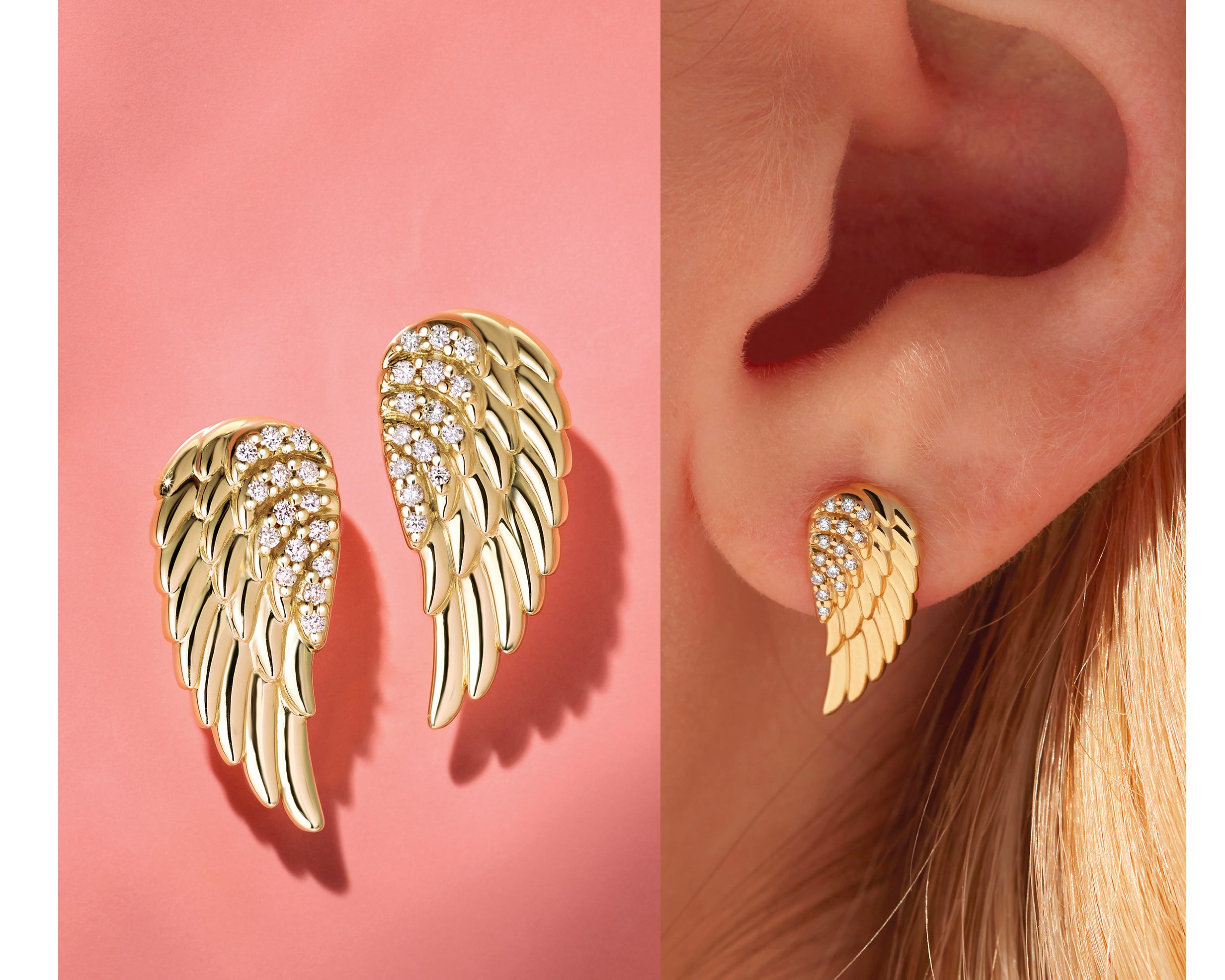 14k Gold Angel Wings Diamond Stud Earrings - Main Image