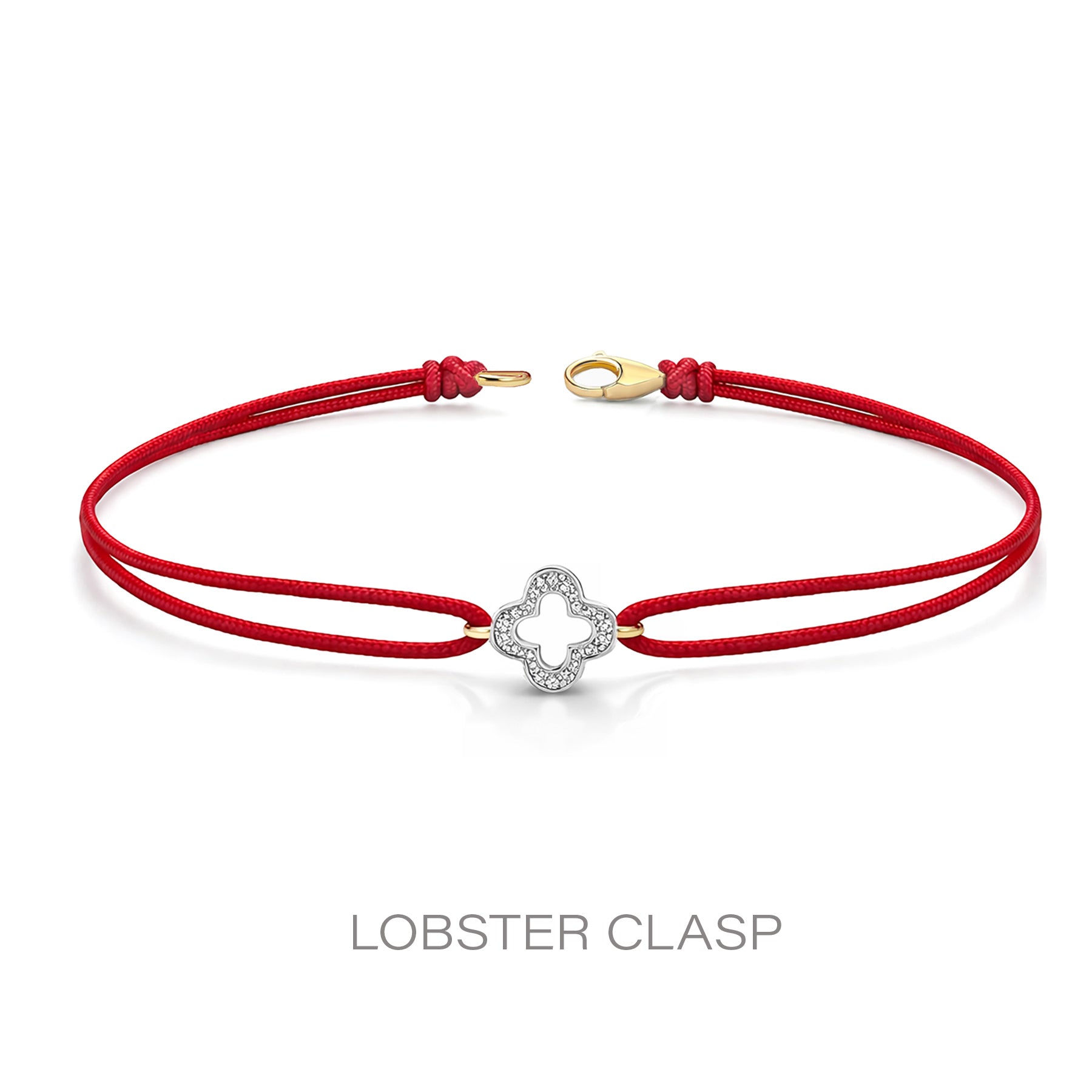 14K Solid Gold Diamond Clover Red String Cord Bracelet