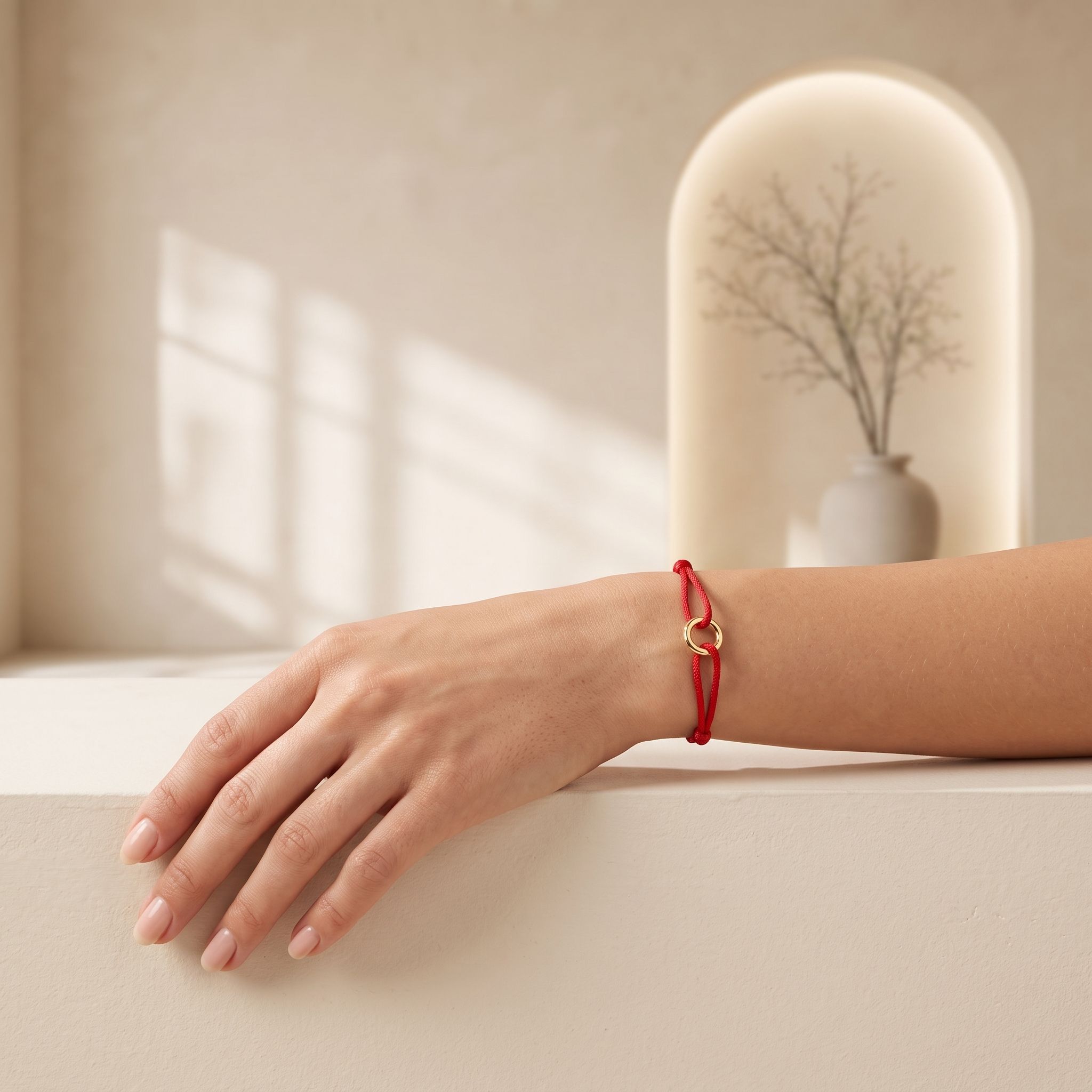 Elegant female model wearing a minimalist 14K gold circle karma red string bracelet in a refined studio setting with neutral background.