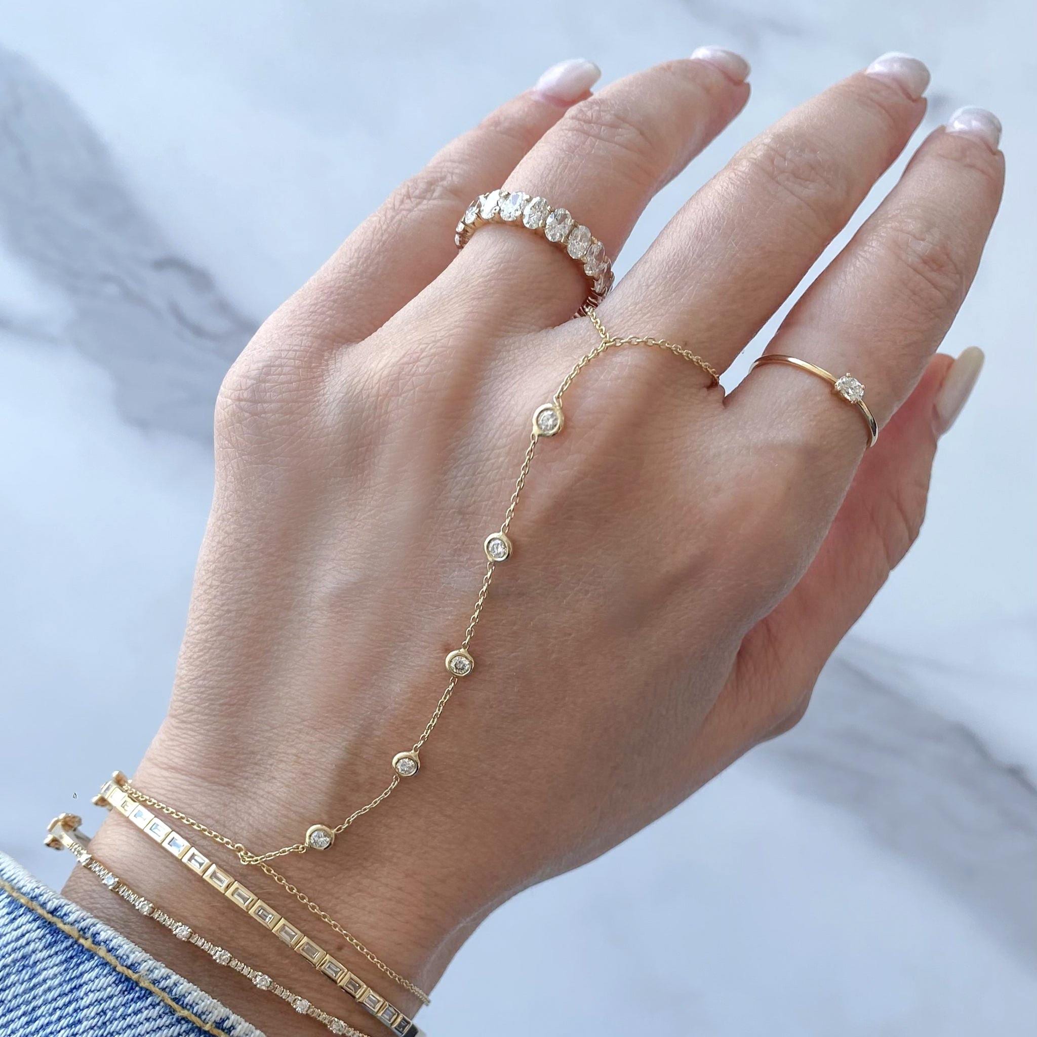 14K Solid Gold Diamond Slave Bracelet, Hand Chain with 5 Bezel Diamond