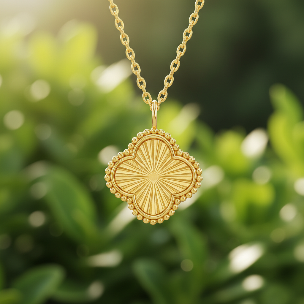 Detailed close-up of a 14K gold fluted clover necklace with a tiny charm against a natural outdoor background, showcasing fine craftsmanship and elegant gold finish.