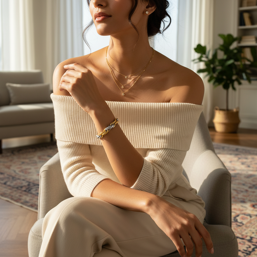 Model wearing 14K gold rope bracelet in an elegant indoor setting bathed in warm natural sunlight.
