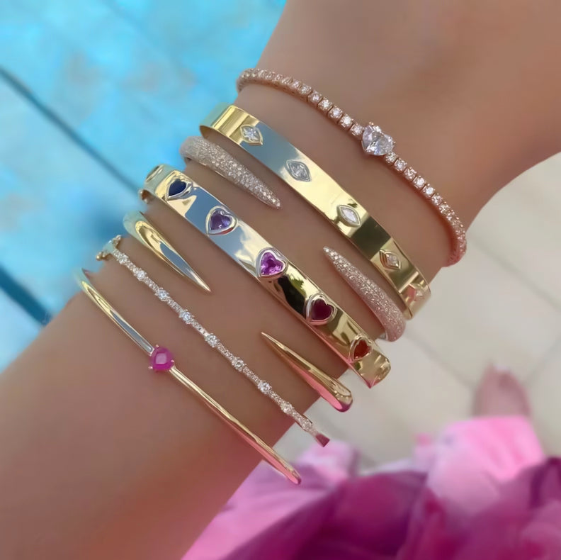 14K Gold Pink Sapphire Heart Bangle Bracelet