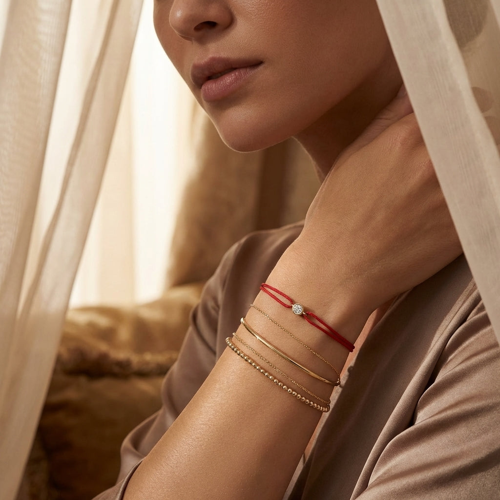 Close-up of a female model wearing stacked 14K solid gold solitaire diamond thread bracelets, with detailed jewelry and elegant environment.