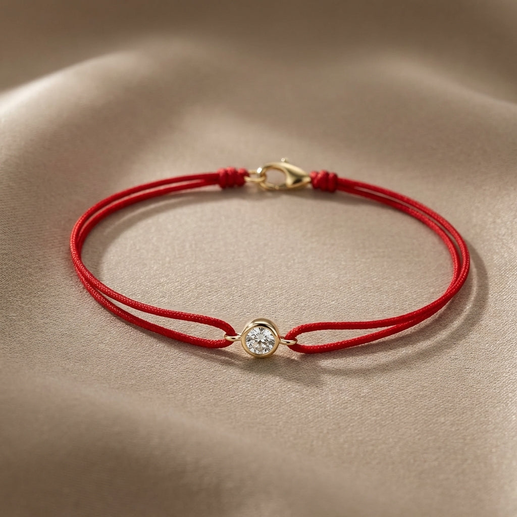 Professional studio image of a tiny 14K gold bracelet with a 4mm diamond bezel on satin fabric, highlighting micro-details and fine craftsmanship.