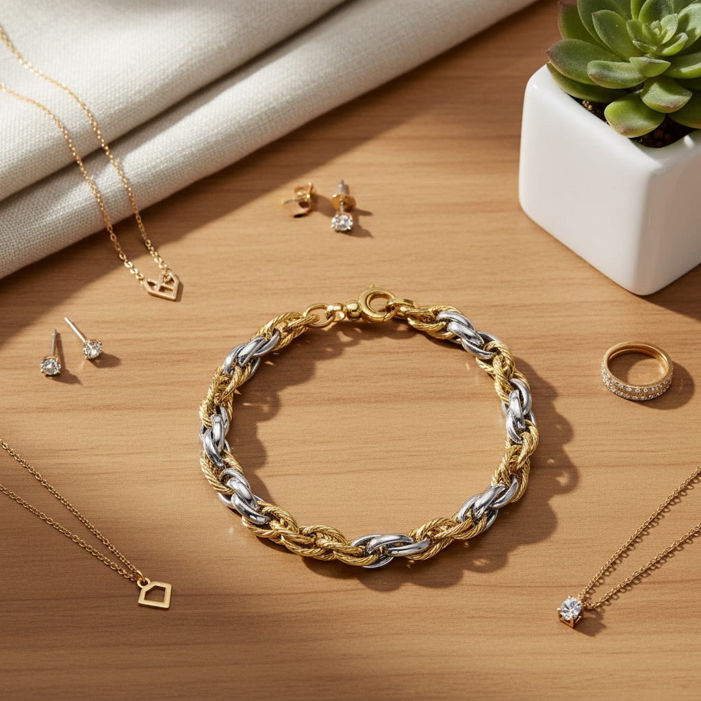 Flat-lay of gold jewelry arranged on a matte wooden table with decorative elements under bright natural light.