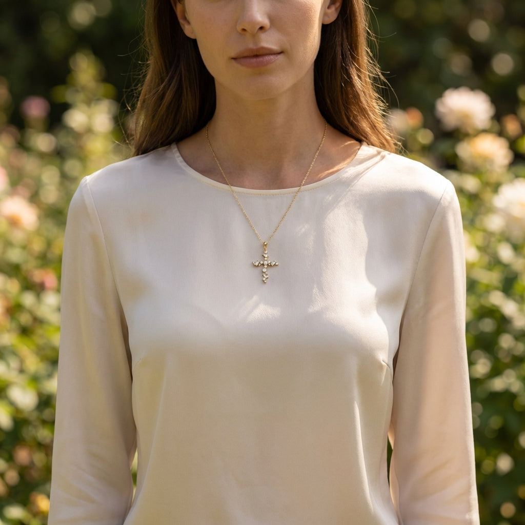 Slim woman wearing the 14k gold diamond cross necklace layered over an elegant blouse in an outdoor garden setting, emphasizing the jewelry's sparkle.